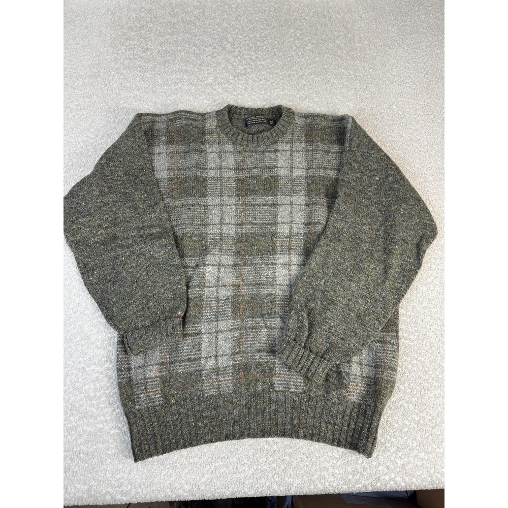 Brooks Brothers Sweater Mens XL Green Shetland Wool Plaid Crewneck Knit Scotland